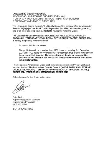 Extension to Moor Road closure