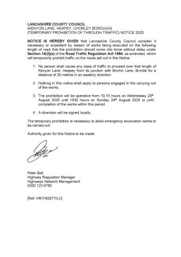 Kenyon Lane Temporary Road Closure